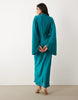 funnel neck satin maxi dress with exaggerated sleeves in turquoise