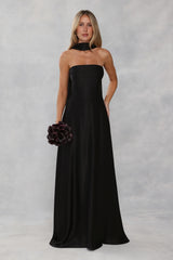 The Serina Strapless Satin Maxi Dress Black