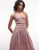 COLLUSION square neck shirred midi dress in pink plaid