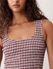 scoop neck crinkle maxi sundress with shirred waist in burgundy and cream gingham