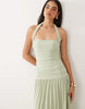 soft touch maxi with ruched halter neck in sage green