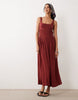 square neck panel detail crinkle midi dress in brown rust