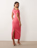 asymmetric off shoulder midi dress in pink scuba-style fabric