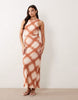 draped open back trim detail linen look maxi dress in check print