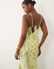 mesh spliced polka dot plunge maxi dress with backless frill detail in lemon