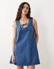 denim scoop mini dress with bow front in light blue