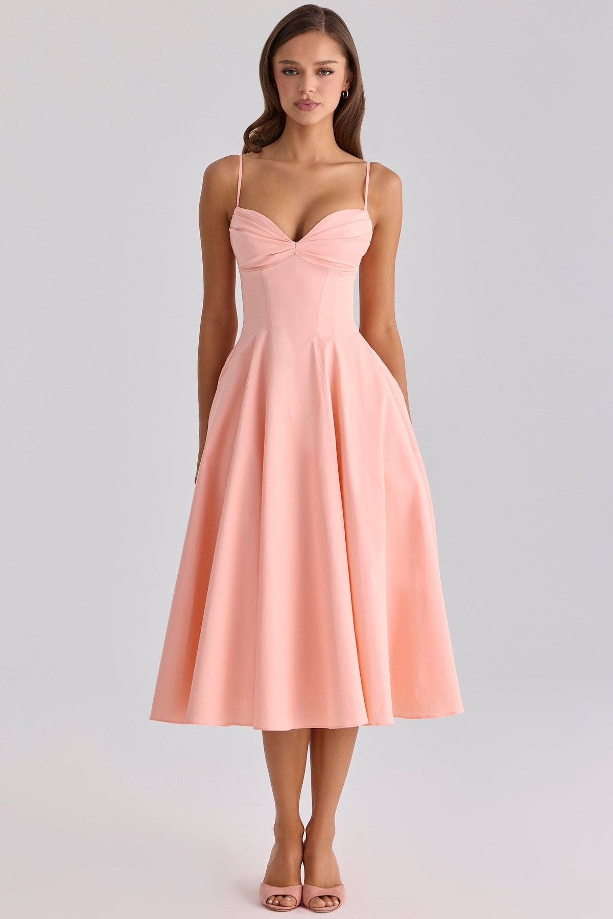 peach cotton pleated midi sundress