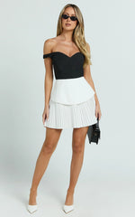 Izara Mini Dress - Off Shoulder Pleated Dress in Black/White
