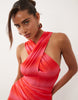 Ruched & Ready mesh cross front racer neck draped waist detail mini dress in red and pink ombré stripes