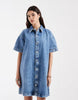 PIECES denim mini shirt dress in medium blue