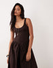 basque waist midi dress with woven skirt in chocolate