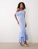 fallen shoulder midaxi dress with asymmetric godet hem in blue