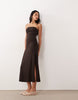 bandeau ruched side midi dress in chocolate