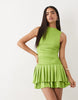 Aria Cove slinky high neck sleeveless ruched waist ruffle skirt mini dress in chartreuse