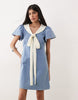 Sister Jane Kasos denim bow detail short sleeve mini dress in light blue