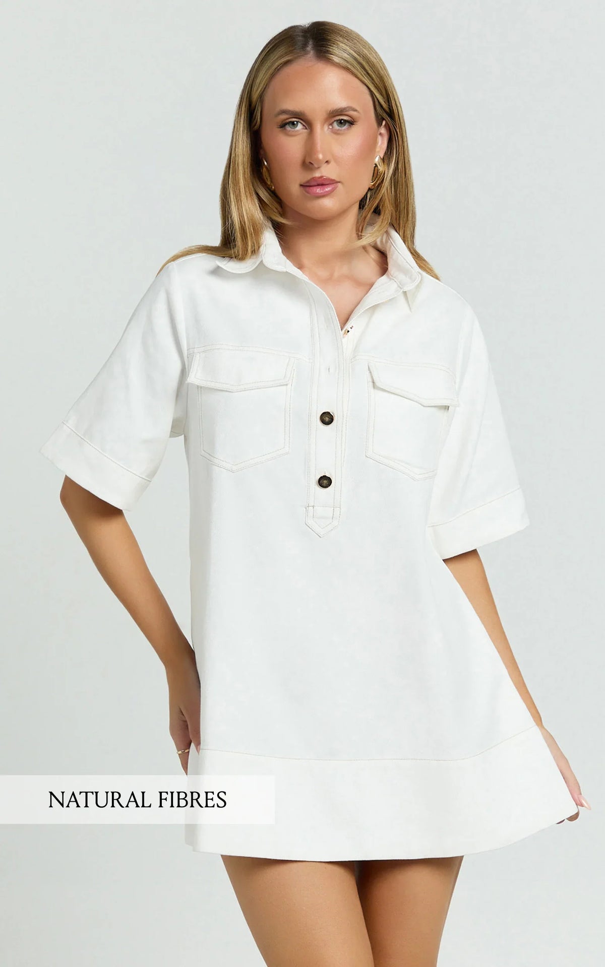 Lynda Mini Dress - Short Sleeve Collared Patch Pocket Shift Dress in Off White