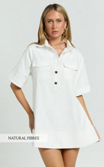 Lynda Mini Dress - Short Sleeve Collared Patch Pocket Shift Dress in Off White