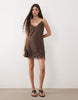 Abercrombie & Fitch satin lace trim strappy mini dress in brown