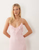 mesh plunge maxi dress with backless ruffle detail in baby pink