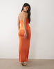 plissé contrast twisted strapless maxi dress in orange