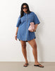 Curve denim boxy shirt dress with pocket detail in mid blue