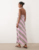 cotton linen halter neck wrap maxi sundress in pink stripes