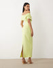 off the shoulder midaxi dress with slit in light green scuba-style fabric
