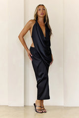 Midnight Petals Halter Maxi Dress Black
