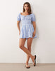 Esmée tie front puff sleeve mini beach dress in blue & white gingham