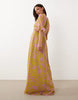 Hope & Ivy Petite v-neck frill short sleeve slit front maxi dress in green and pink floral