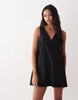 cotton linen v neck smock mini dress in black