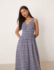 waisted v neck maxi dress with seaming details in blue gingham
