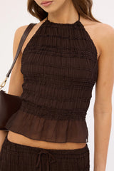 Luck & Trouble Marisole Halter Gathered Tie Top Brown
