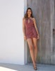 Noughts & Kisses linen blend gold-tone hardware plunge keyhole halterneck wrap skirt detail mini dress in brown