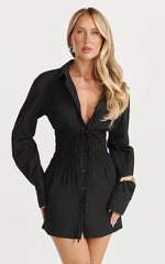Eugenia Mini Dress - Long Sleeve Smocked Shirt Mini Dress in Black