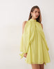 high neck chiffon mini dress with open sleeve in lime green