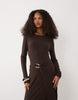 long sleeve ribbed midi dress with hardware wrap detail in chocolate