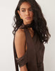 Six Stories Bridesmaid satin drape detail one shoulder maxi dress in chocolate