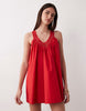v-neck poplin mini smock sundress with lace overlay in tomato red