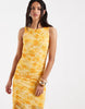PIECES ruched midi dress in yellow floral print