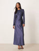 bias cut bust detail satin maxi dress in navy polka dots