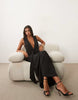mesh deep v neck maxi dress with waist wrap detail in black