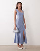 square neck button down midi sundress in denim blue