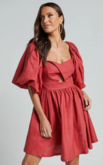 Amalie The Label - Penelopia Linen Look Blend Puff Sleeve Twist Bodice Mini Dress - In Vermilion