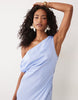 fallen shoulder midaxi dress with asymmetric godet hem in blue