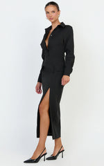 Henley Midi Dress - Long Sleeve Fitted Shirt Dress in Black