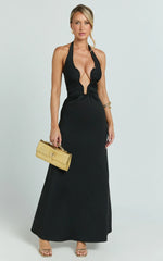 Denise Maxi Dress - Halter U Ruched Neck Cut Out Jersey Dress in Black