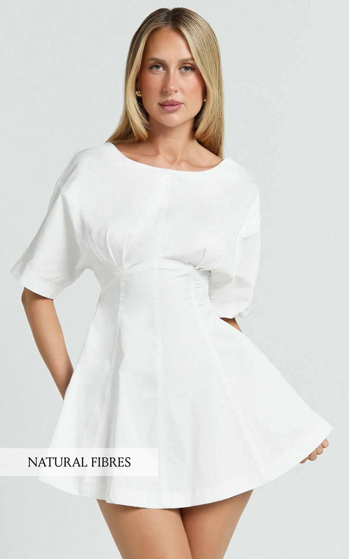 Dylan Mini Dress - High Boatneck Sleeved Fit And Flare Skirt Dress in White