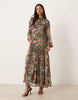 slash neck chiffon godet maxi dress in black based floral