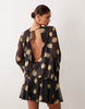 printed mesh draped blouson mini dress in polka-dot print